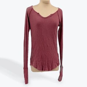 We The Free Long Sleeve Ribbed Scoop Neck Top in Mauve